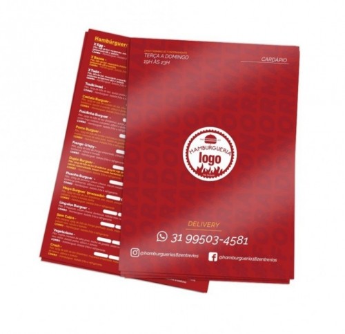 CARDÁPIOS PERSONALIZADOS PVC 01MM 20X29CM - ADESIVADO FRENTE E VERSO - LAMANAÇÃO BRILHO